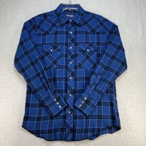 Wrangler Shirt Men's M Blue Plaid Long Sleeve Lightweight Flannel Pearl Snap